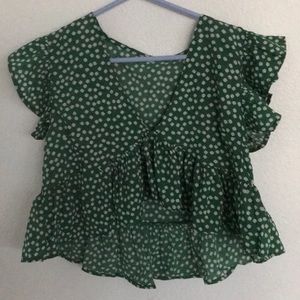 Green ruffled V-neck  with white mini flowers